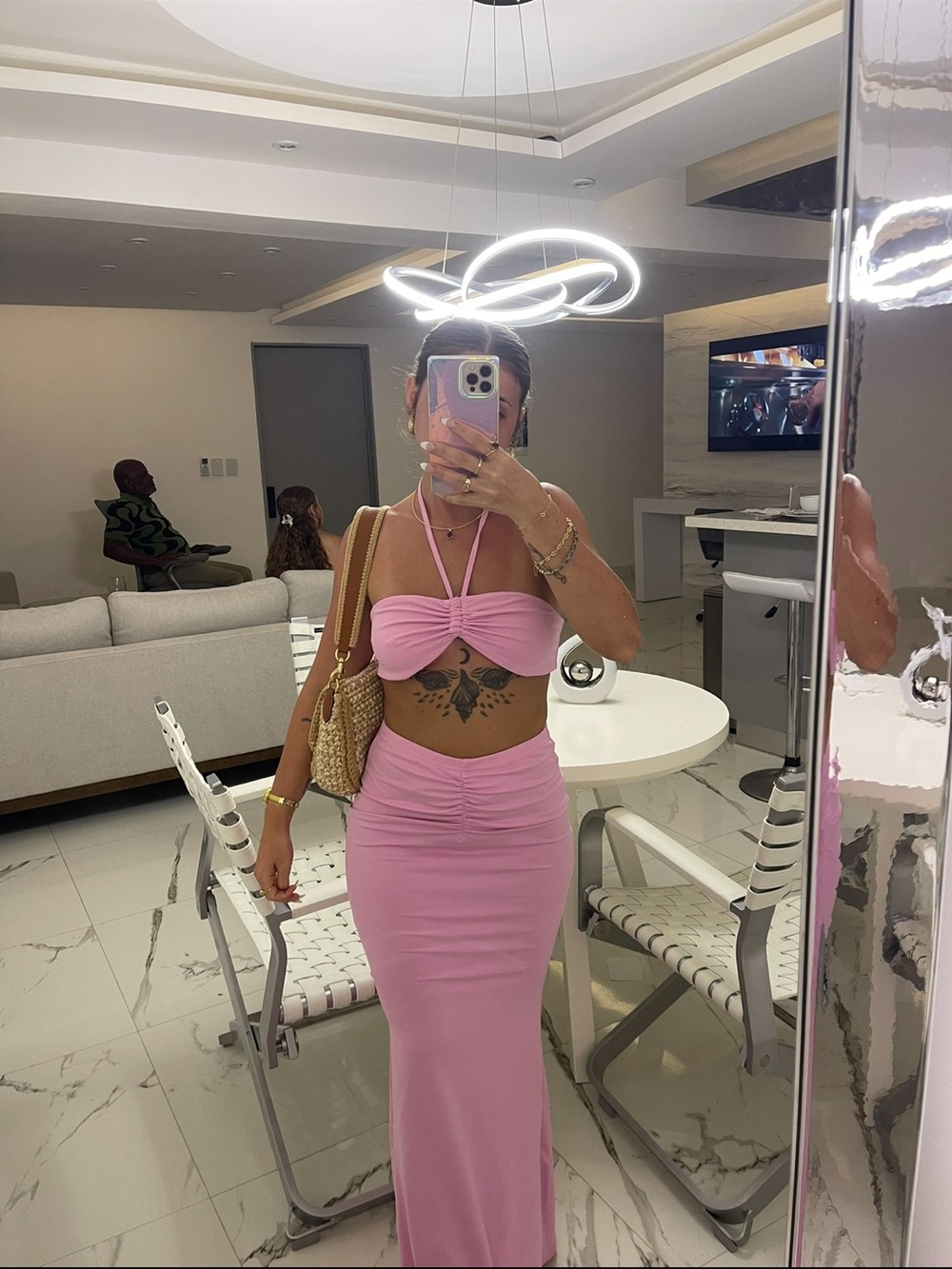 SHEIN Pink Ruched Maxi Skirt and Halter Top Set